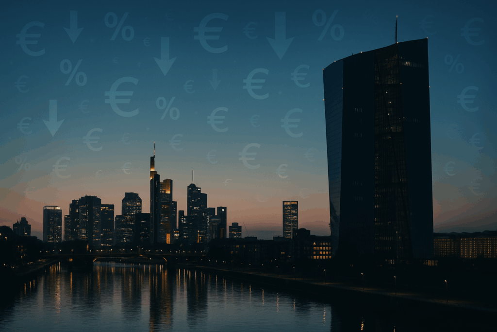 Frankfurt Skyline mit EZB bei Dämmerung – Symbol für EZB Zinssenkungen 2025 und Immobilienmarkt
