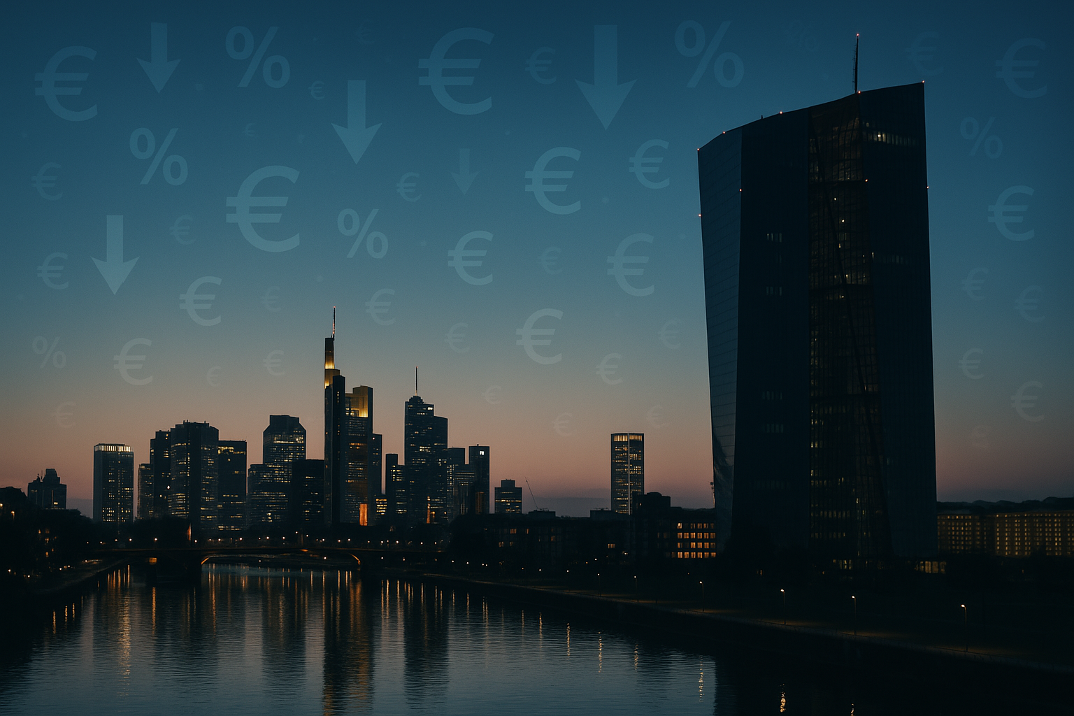 Frankfurt Skyline mit EZB bei Dämmerung – Symbol für EZB Zinssenkungen 2025 und Immobilienmarkt