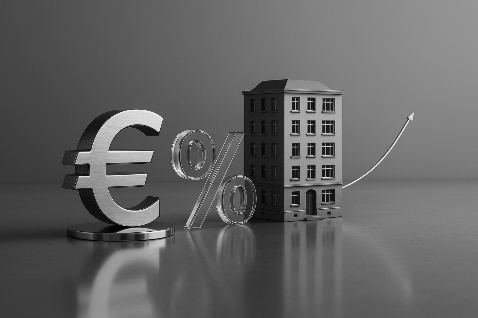 Euro- und Prozentzeichen vor Mehrfamilienhaus – Zinsen und Renditen am Immobilienmarkt 2025